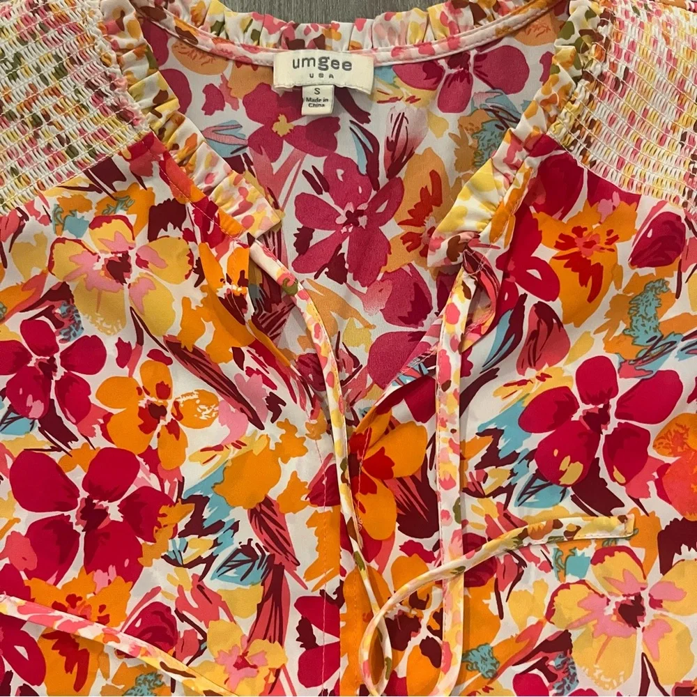 UMGEE Boho Floral Patchwork Dress Size S Smocked Tie Neck - Picture 4 of 7
